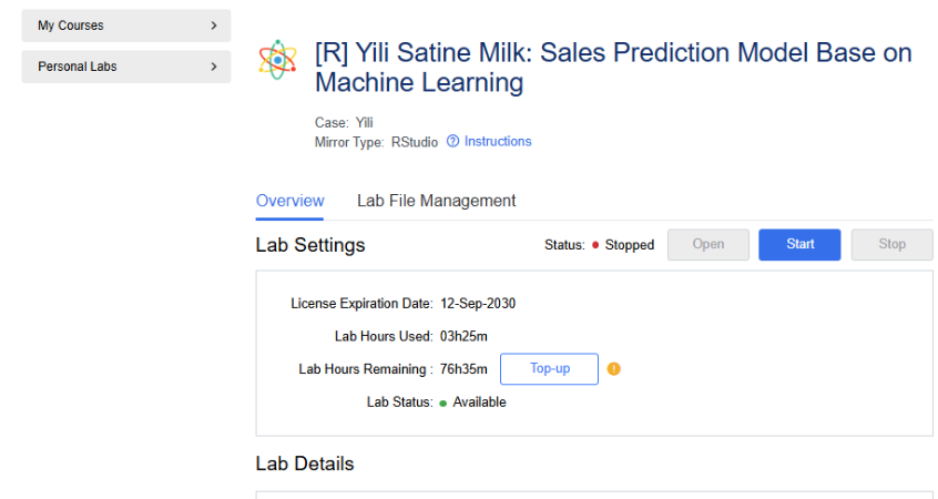 Lab page with lab control buttons